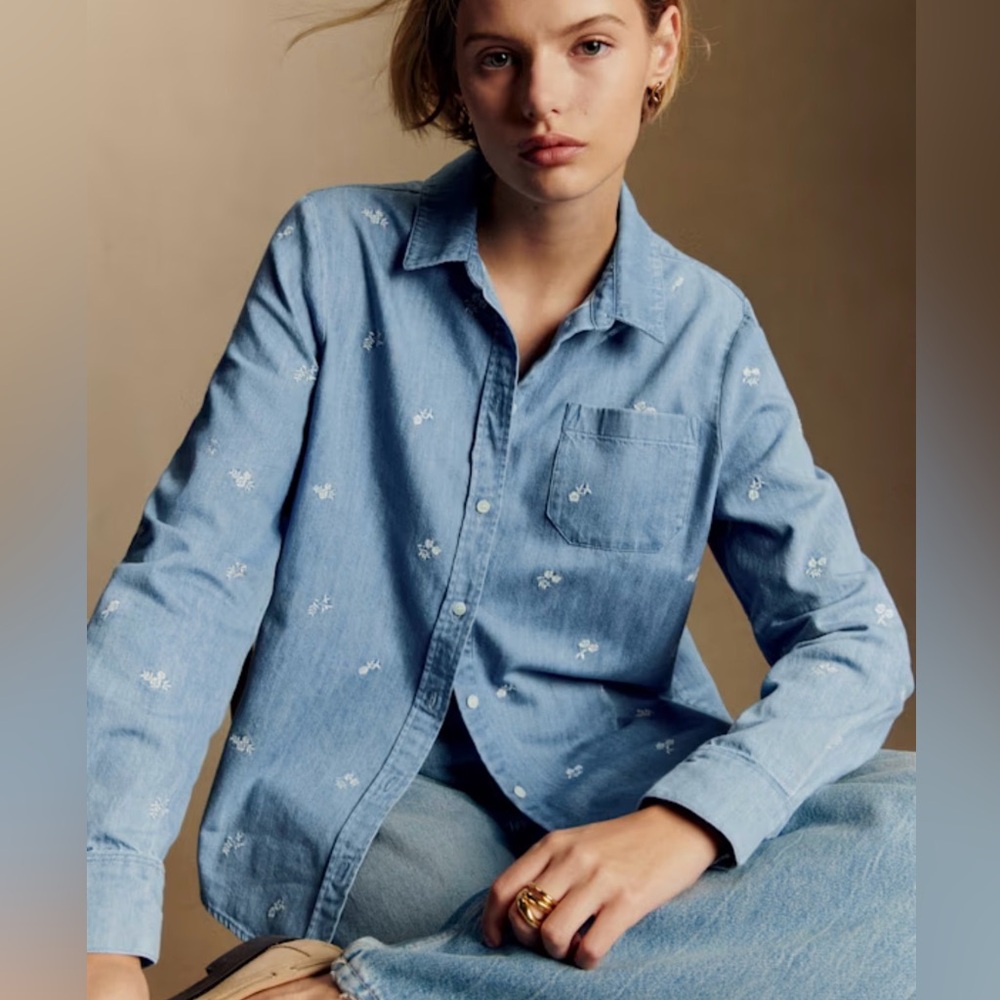 Sézane Embroidered Denim Long-Sleeved Top